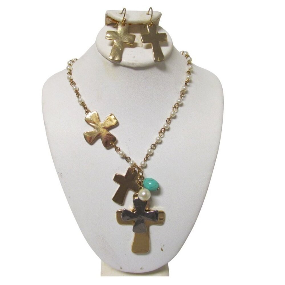 Gold and Silver Tone Cluster Cross Pendant Necklace and Pierced Earrings Set